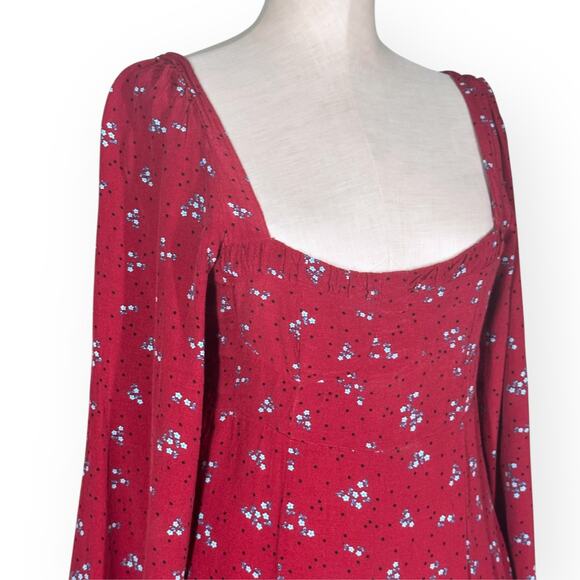 FREE PEOPLE Red Midi IRIS Dress Smocked Square Neck Puff Sleeve Cottagecore S - Picture 4 of 12